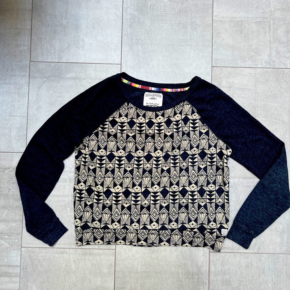 Billabong top in sweatshirt style but lightweight for versatility-black & tan